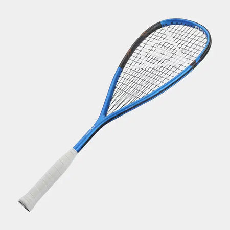 The Dunlop FX Team 130 Squash Racket features a blue premium graphite frame with black and gray accents, a white grip, Extra Head Light balance, and tightly strung strings, shown against a plain light background.