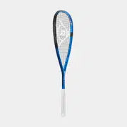 The Dunlop FX TEAM 125 Squash Racket, featuring a blue and black design with a white handle and made from premium graphite, is displayed against a plain light gray background.