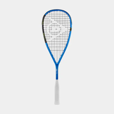 The Dunlop FX TEAM 125 Squash Racket, featuring a blue and black premium graphite frame, white handle, and grid-patterned strings with a central logo, is displayed against a plain light gray background.