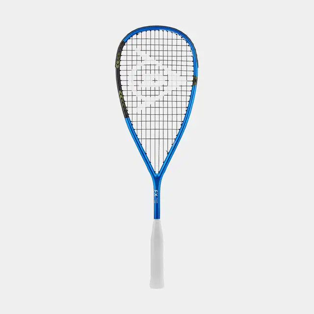 The Dunlop FX TEAM 125 Squash Racket, featuring a blue and black premium graphite frame, white handle, and grid-patterned strings with a central logo, is displayed against a plain light gray background.