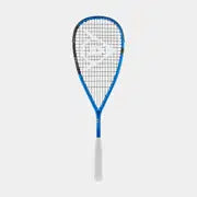 The Dunlop FX TEAM 125 Squash Racket by Dunlop, featuring a blue and black design with a white handle, is displayed on a plain light gray background.
