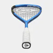 The Dunlop FX TEAM 125 Squash Racket, featuring a blue and black frame with a white grip and crafted from premium graphite, is displayed as a lightweight racket against a plain light background.