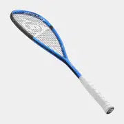 The Dunlop FX TEAM 125 Squash Racket, featuring a blue and black design with a white grip, is displayed on a plain light gray background.
