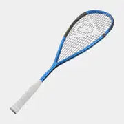The Dunlop FX TEAM 125 Squash Racket by Dunlop features a blue teardrop-shaped head, white handle, and premium graphite crisscrossed strings, displayed on a plain light background.