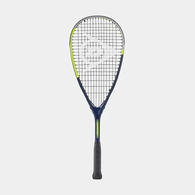 A Dunlop Tristorm Jr 25 Squash Racket by Dunlop with a blue frame, black grip, and yellow accents is shown vertically against a plain light gray background.