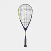 A Dunlop Dunlop Tristorm Jr 25 Squash Racket by Dunlop, featuring a black grip, dark blue frame, and yellow accents, is displayed against a plain white background.