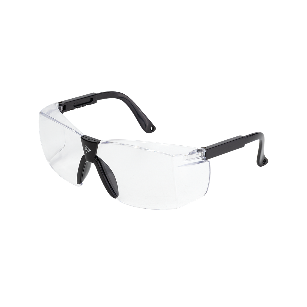 Dunlop Squash Eyewear - Club Players: Clear safety glasses with black arms and nose bridge, shown on a white background. Wraparound lenses provide reliable eye protection, similar to classic Dunlop eyewear and squash goggles.