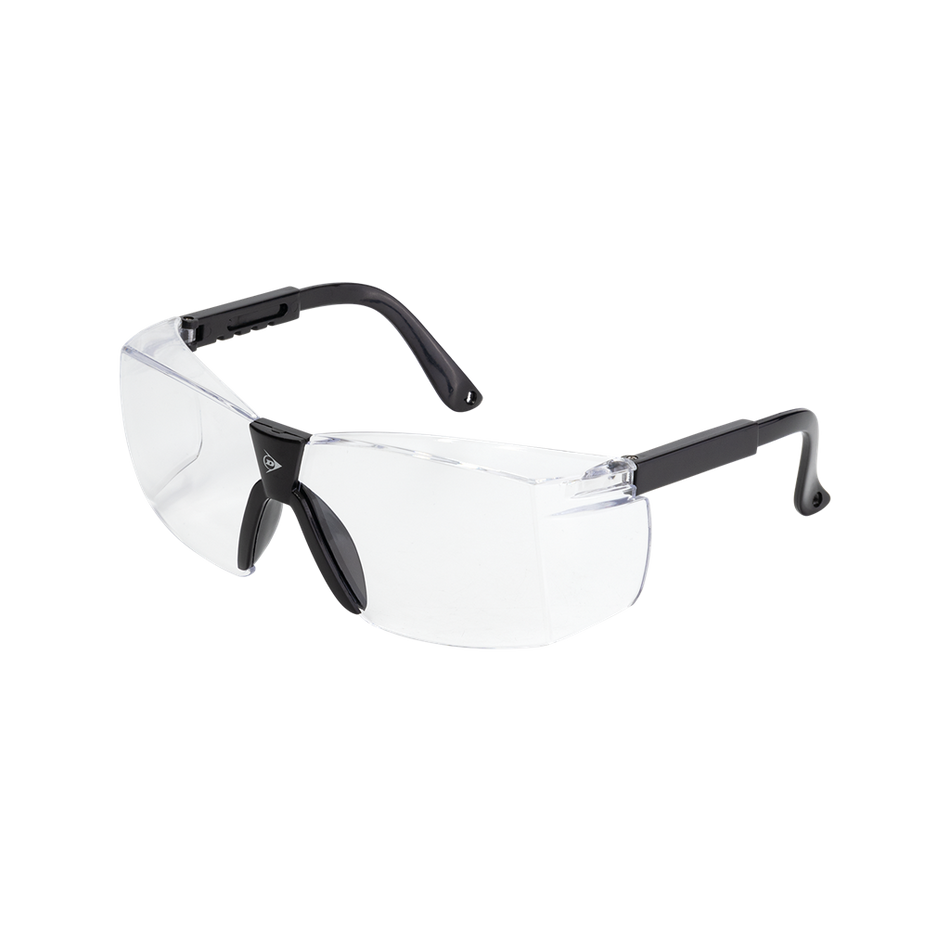 Dunlop Squash Eyewear - Club Players: Clear safety glasses with black arms and nose bridge, shown on a white background. Wraparound lenses provide reliable eye protection, similar to classic Dunlop eyewear and squash goggles.