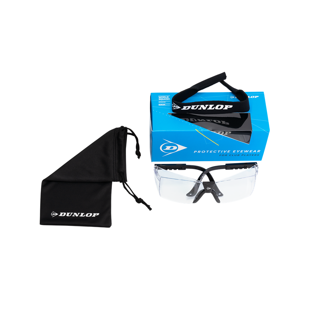 Dunlop Squash Eyewear - Club Players by Dunlop features clear lenses, black frames, a matching drawstring pouch, and comes in a blue "Protective Eyewear For Club Players" box—all shown on a white background. Ideal squash goggles for reliable eye protection.