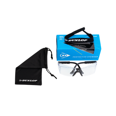 Dunlop Squash Eyewear - Club Players by Dunlop features clear lenses, black frames, a matching drawstring pouch, and comes in a blue "Protective Eyewear For Club Players" box—all shown on a white background. Ideal squash goggles for reliable eye protection.