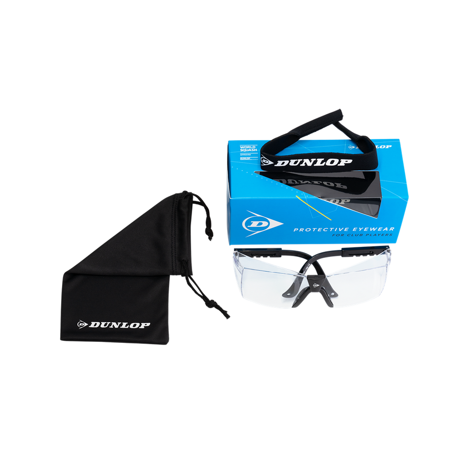 Dunlop Squash Eyewear - Club Players by Dunlop features clear lenses, black frames, a matching drawstring pouch, and comes in a blue "Protective Eyewear For Club Players" box—all shown on a white background. Ideal squash goggles for reliable eye protection.