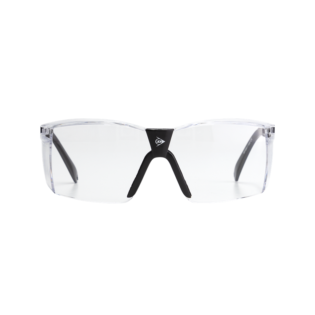 The Dunlop Squash Eyewear - Club Players features clear lenses, black arms, and a black nose bridge with a white geometric logo, shown on a white background. Ideal for reliable eye protection during sports or as squash goggles.