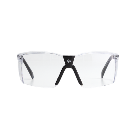 The Dunlop Squash Eyewear - Club Players features clear lenses, black arms, and a black nose bridge with a white geometric logo, shown on a white background. Ideal for reliable eye protection during sports or as squash goggles.