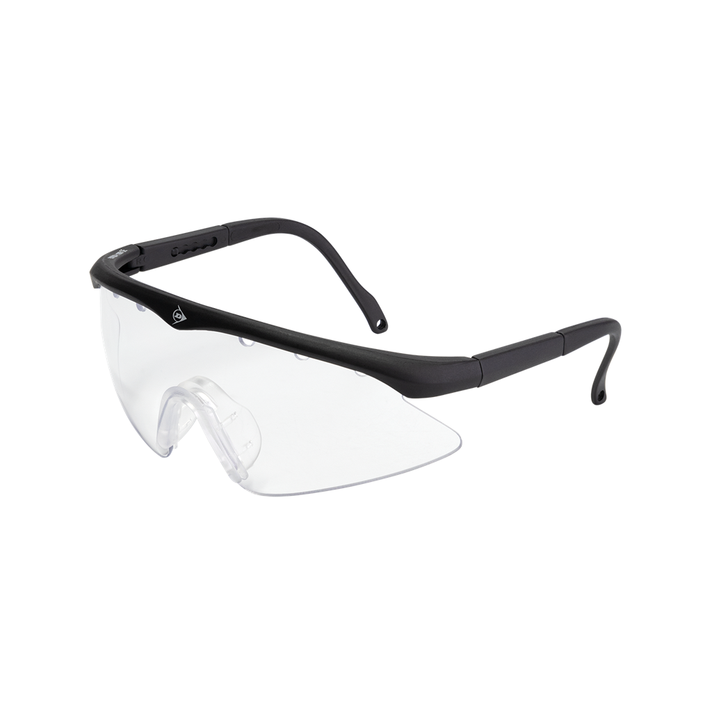 The Dunlop Squash Eyewear - Junior Players by Dunlop features clear, single-curved lenses and black plastic arms for reliable eye protection. Shown on a plain white background, these glasses are designed for junior players.