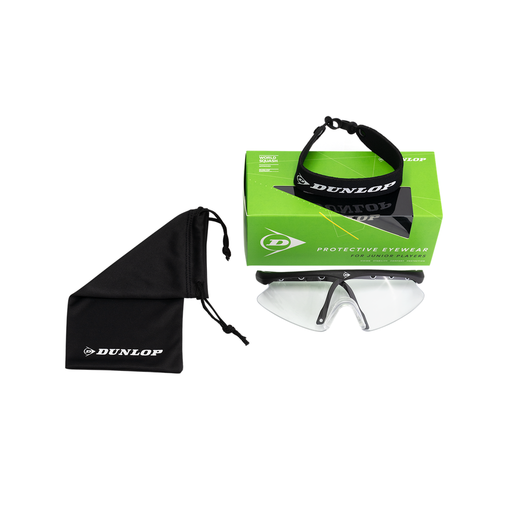 Dunlop Squash Eyewear - Junior Players offers clear goggles for eye protection, with a black adjustable strap, green box, and black drawstring pouch featuring the Dunlop logo—all shown on a white background.
