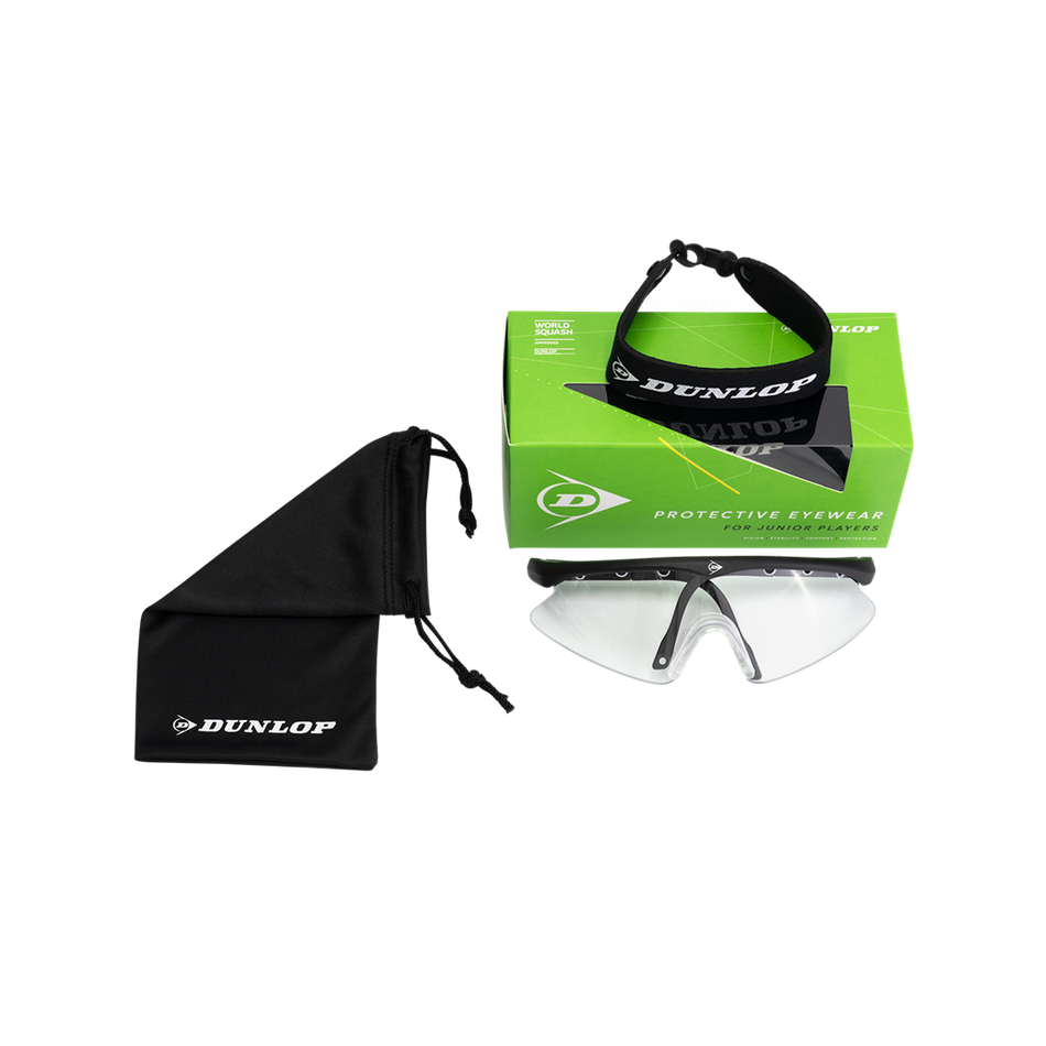 Dunlop Squash Eyewear - Junior Players offers clear goggles for eye protection, with a black adjustable strap, green box, and black drawstring pouch featuring the Dunlop logo—all shown on a white background.