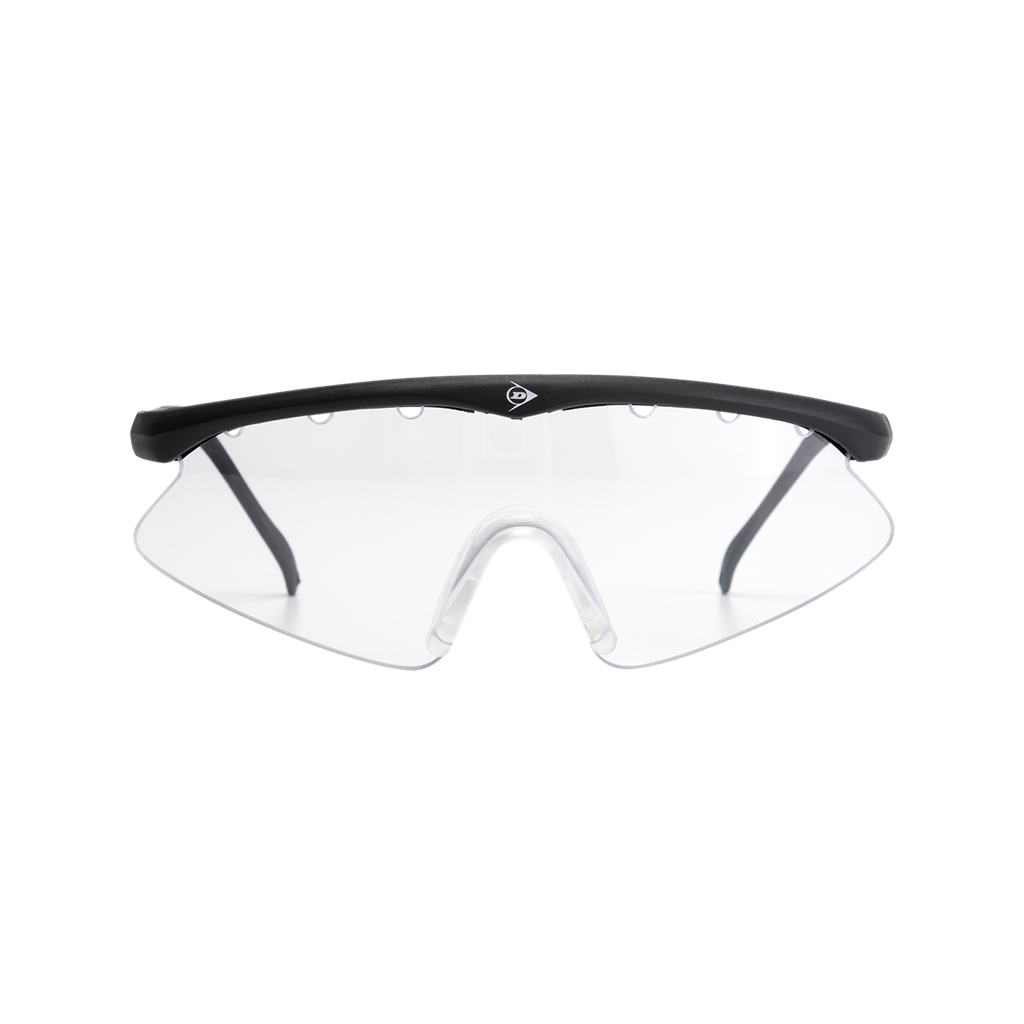 The Dunlop Squash Eyewear - Junior Players by Dunlop features clear wraparound lenses and a black frame, seen from the front on a white background. Stylish and sturdy, these goggles provide reliable eye protection for young players.