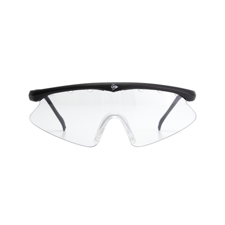 The Dunlop Squash Eyewear - Junior Players by Dunlop features clear wraparound lenses and a black frame, seen from the front on a white background. Stylish and sturdy, these goggles provide reliable eye protection for young players.