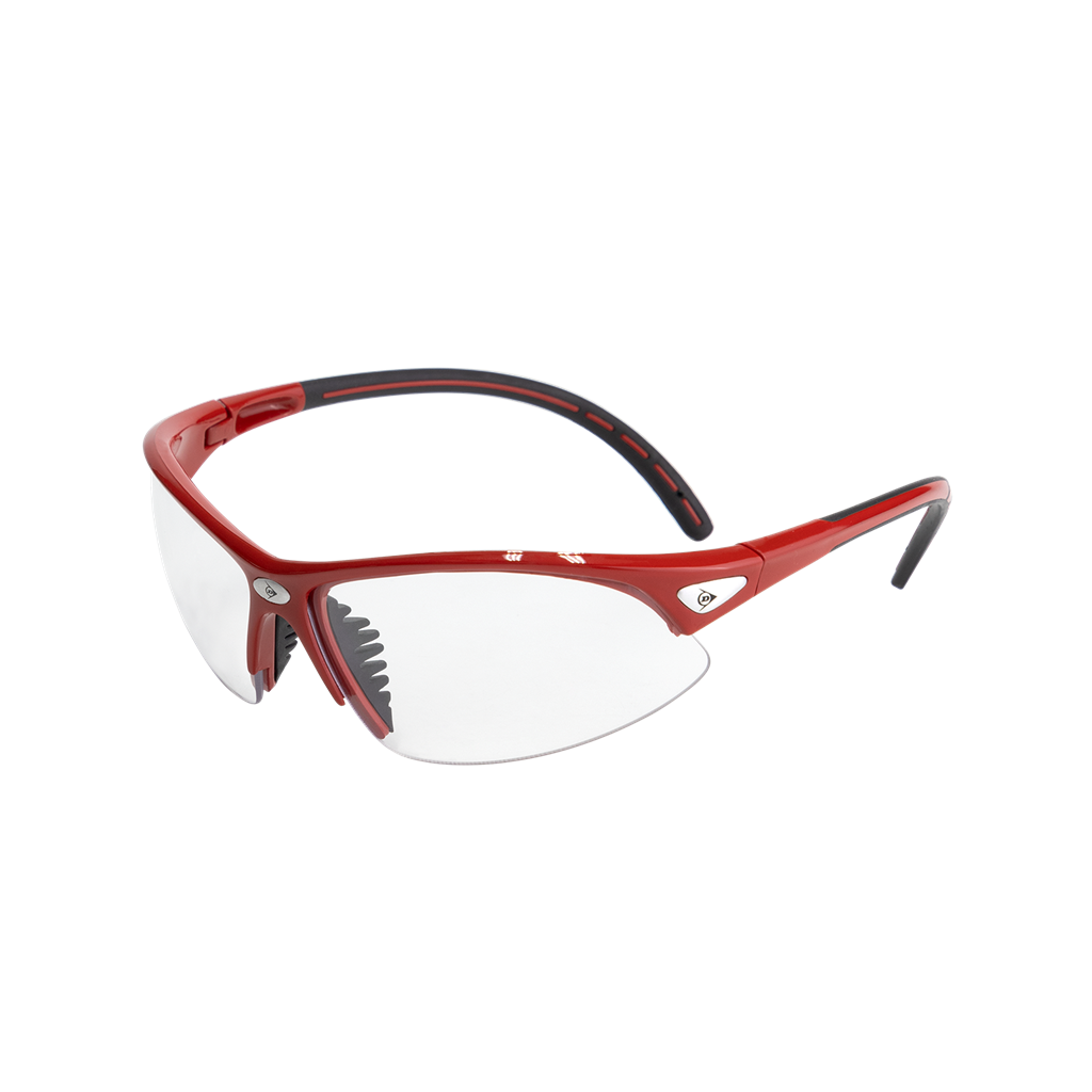 The Dunlop Squash Eyewear - Competition Players by Dunlop are red junior sport goggles with clear lenses, black accents, a flexible wraparound frame for athletics, and offer eye protection—displayed on a white background.