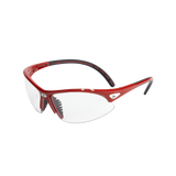 The Dunlop Squash Eyewear - Competition Players by Dunlop are red junior sport goggles with clear lenses, black accents, a flexible wraparound frame for athletics, and offer eye protection—displayed on a white background.