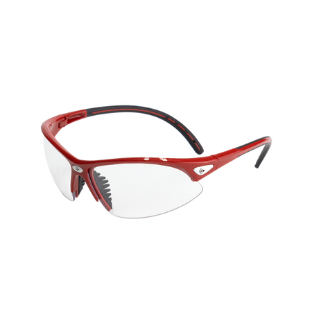 The Dunlop Squash Eyewear - Competition Players by Dunlop are red junior sport goggles with clear lenses, black accents, a flexible wraparound frame for athletics, and offer eye protection—displayed on a white background.