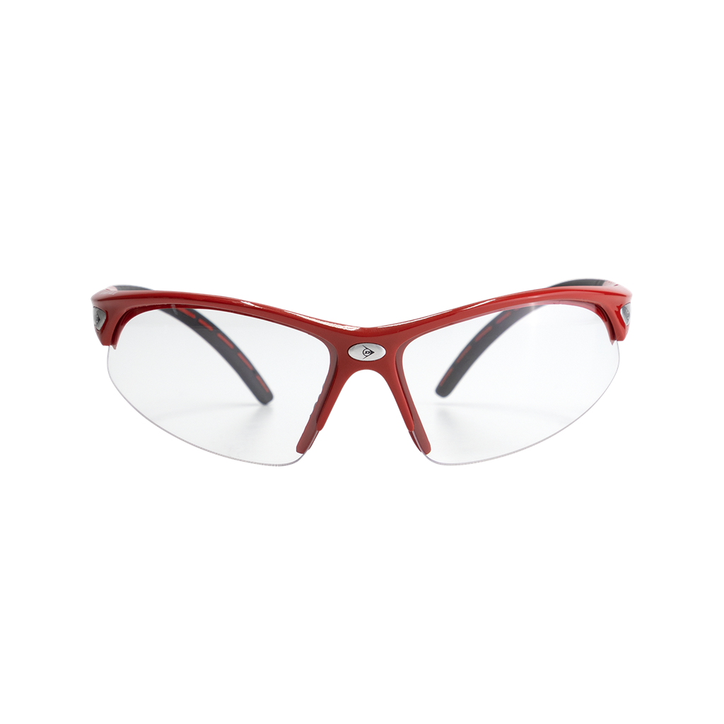 Dunlop Squash Eyewear - Competition Players by Dunlop, shown front-facing against a white background, features a red sporty wraparound frame with clear lenses and a silver emblem, providing stylish, reliable eye protection for junior athletes.
