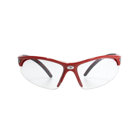 Dunlop Squash Eyewear - Competition Players by Dunlop, shown front-facing against a white background, features a red sporty wraparound frame with clear lenses and a silver emblem, providing stylish, reliable eye protection for junior athletes.