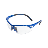 The Dunlop Squash Eyewear - Competition Players features blue frames, clear lenses, and black rubber temple detailing for eye protection, shown against a plain white background.