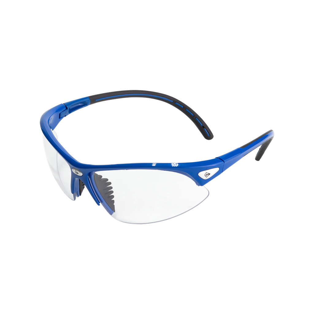 The Dunlop Squash Eyewear - Competition Players features blue frames, clear lenses, and black rubber temple detailing for eye protection, shown against a plain white background.