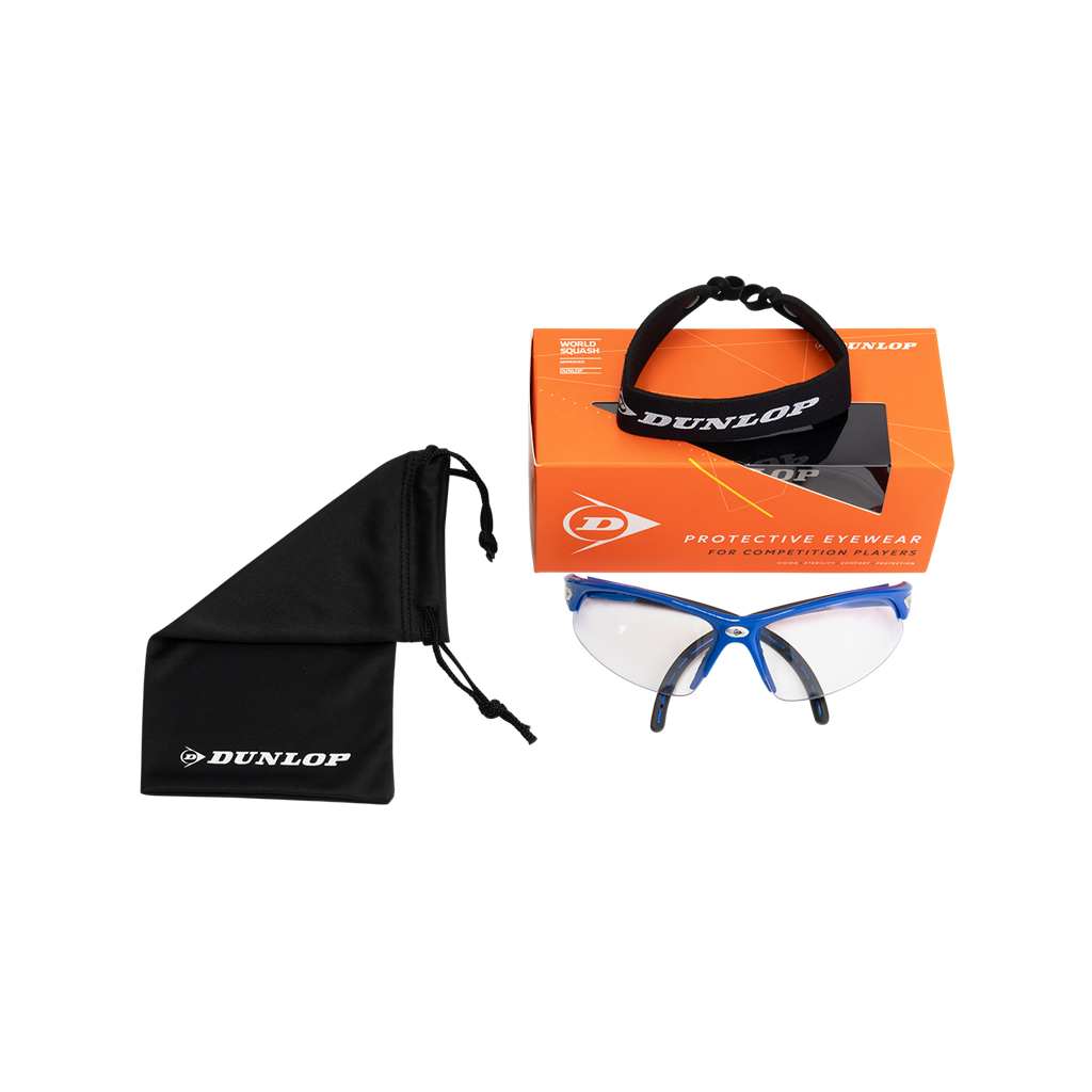 Dunlop Squash Eyewear - Competition Players: Junior squash goggles with blue frames, black adjustable head strap, and a black Dunlop pouch, shown with an orange "Protective Eyewear for Competitive Players" box on a white background.