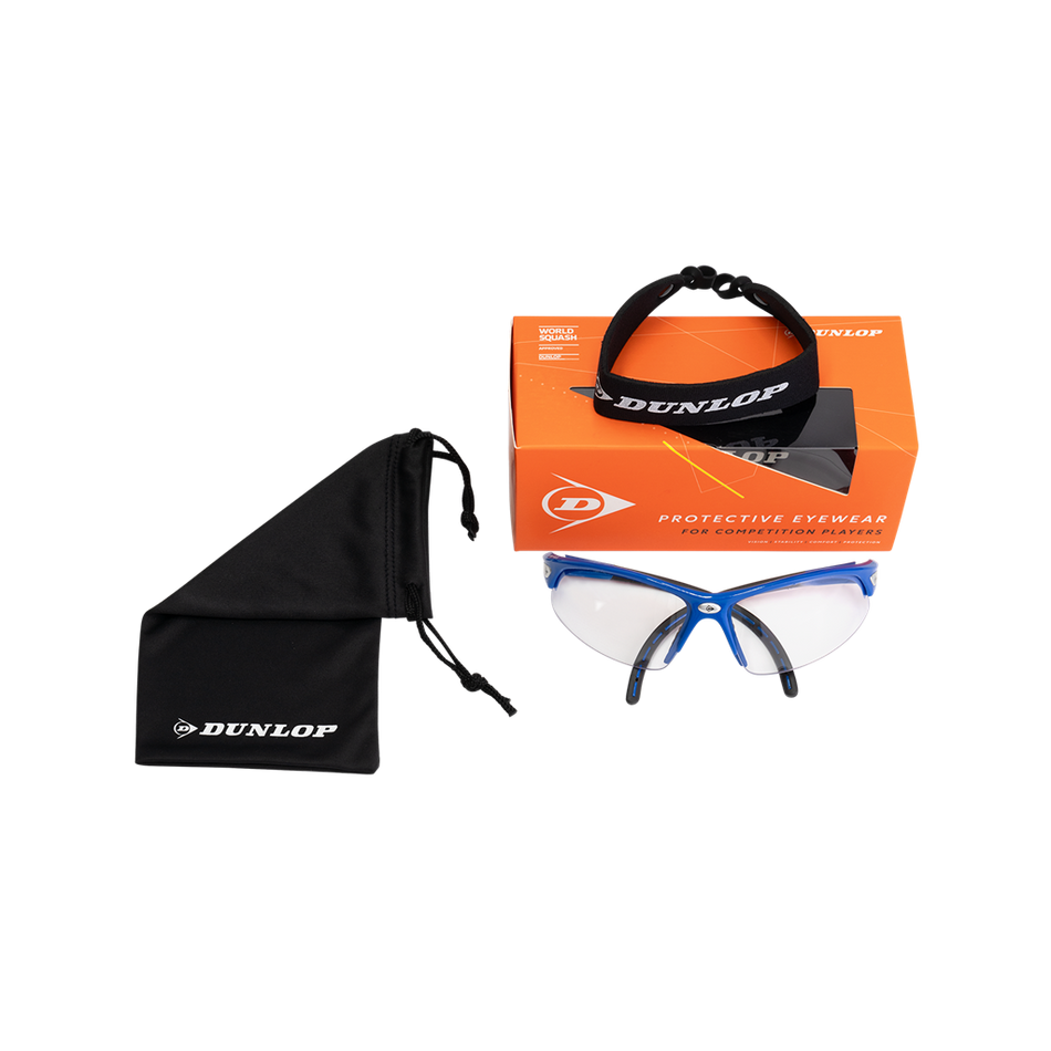 Dunlop Squash Eyewear - Competition Players: Junior squash goggles with blue frames, black adjustable head strap, and a black Dunlop pouch, shown with an orange "Protective Eyewear for Competitive Players" box on a white background.