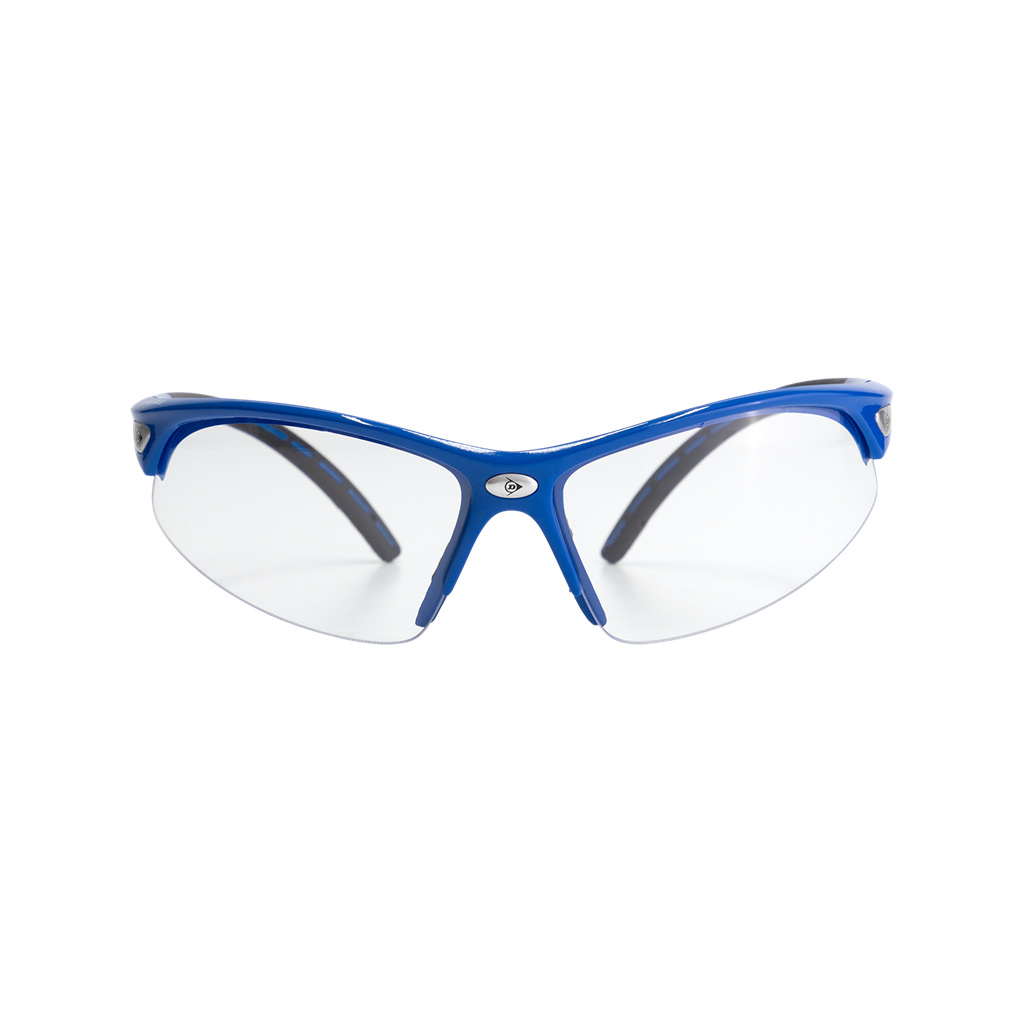 Dunlop Squash Eyewear - Competition Players, blue and black junior goggles with clear lenses for reliable protection, by Dunlop, displayed front-facing on a plain white background.