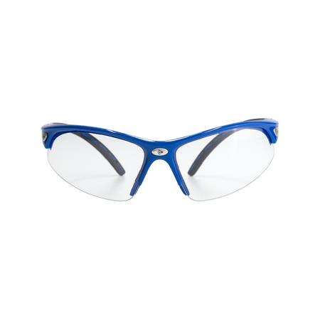 Dunlop Squash Eyewear - Competition Players, blue and black junior goggles with clear lenses for reliable protection, by Dunlop, displayed front-facing on a plain white background.