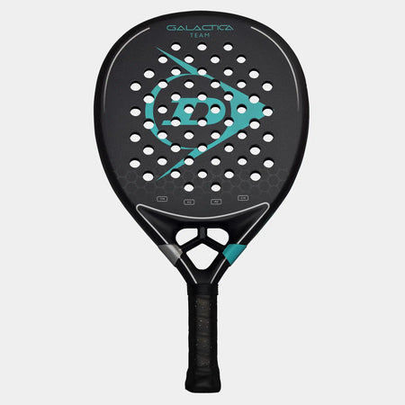 The Dunlop Galactica Team Padel Racket by Dunlop features a black design with teal and white accents, circular holes, Tri-Max reinforcement for stability, a central logo, GALACTICA TEAM at the top, and a black grip-wrapped handle.