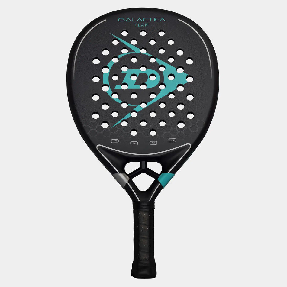 The Dunlop Galactica Team Padel Racket by Dunlop features a black design with teal and white accents, circular holes, Tri-Max reinforcement for stability, a central logo, GALACTICA TEAM at the top, and a black grip-wrapped handle.