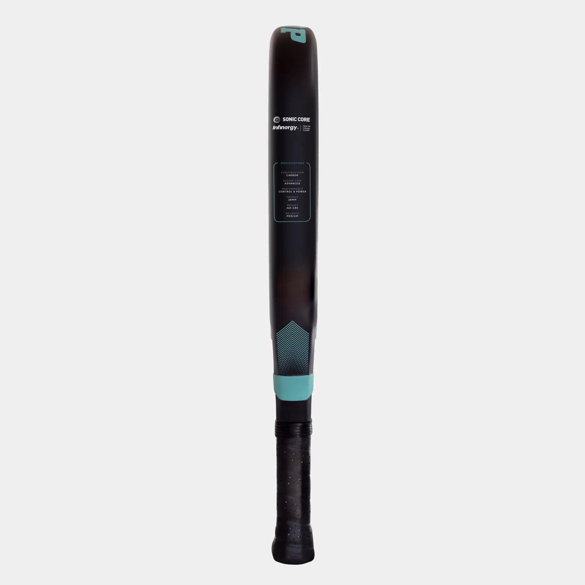 The Dunlop Galactica Team Padel Racket by Dunlop, shown upright on a white background, features a black and teal handle, rectangular head shape, Tri-Max reinforcement for durability, and an extra grip for secure handling.