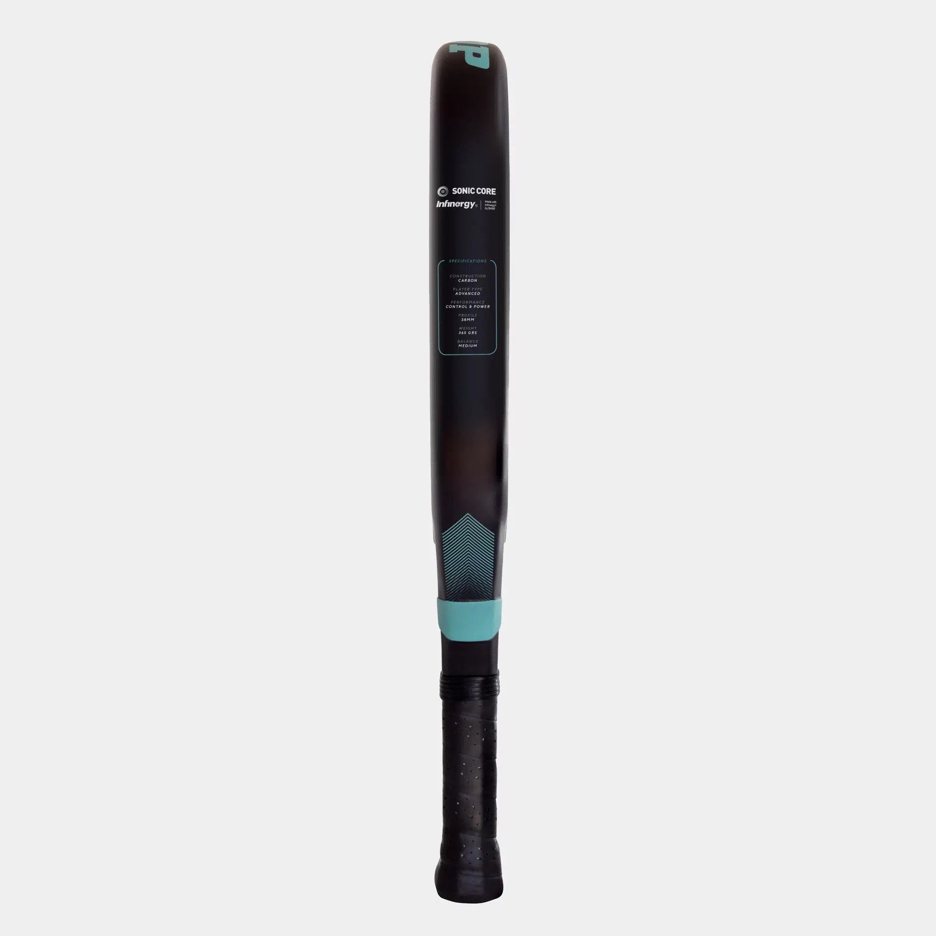 The Dunlop Galactica Team Padel Racket by Dunlop, shown upright on a white background, features a black and teal handle, rectangular head shape, Tri-Max reinforcement for durability, and an extra grip for secure handling.