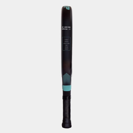 The Dunlop Galactica Team Padel Racket by Dunlop, shown upright on a white background, features a black and teal handle, rectangular head shape, Tri-Max reinforcement for durability, and an extra grip for secure handling.