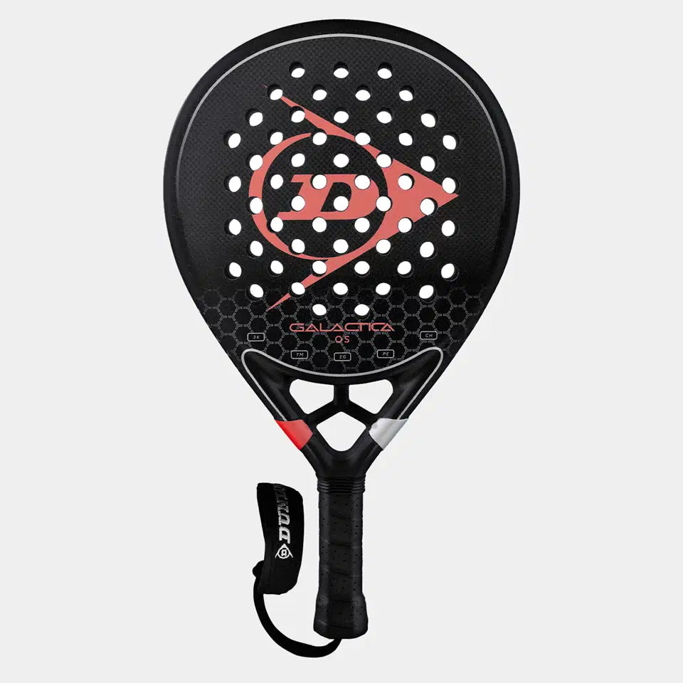 The Dunlop Galactica OS Padel Racket is a black racket with a red logo, honeycomb design, multiple circular holes, Tri-Max reinforcement for stability, and features a black handle with an attached wrist strap.