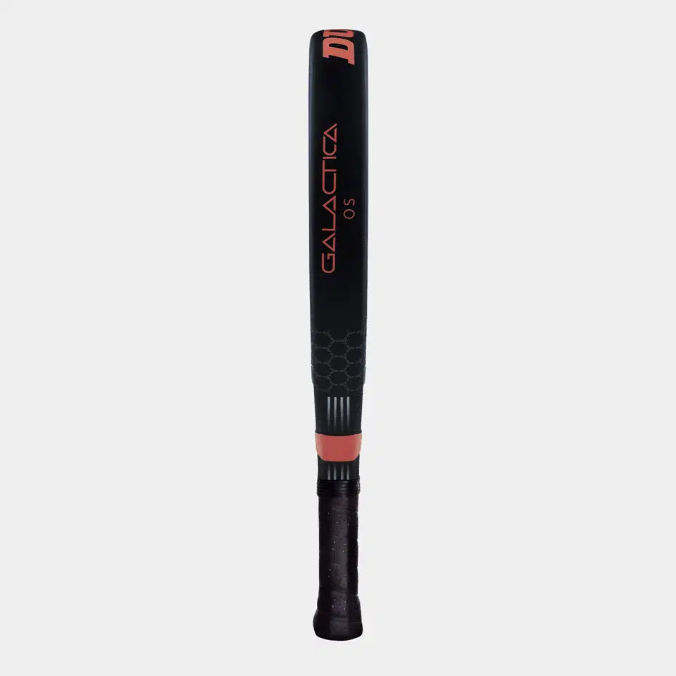 A Dunlop Galactica OS Padel Racket in black 3K carbon with red accents, labeled GALACTICA 05, features a textured black grip and Tri-Max reinforcement. Displayed upright against a plain white background.