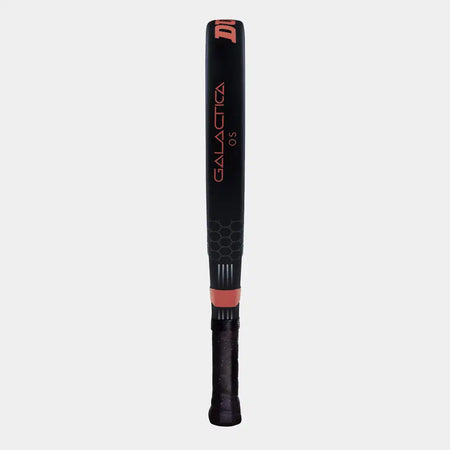 A Dunlop Galactica OS Padel Racket in black 3K carbon with red accents, labeled GALACTICA 05, features a textured black grip and Tri-Max reinforcement. Displayed upright against a plain white background.