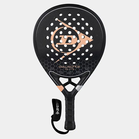 The Dunlop Galactica OS Lite Padel Racket features a black honeycomb design with orange accents, a large D logo, Extra Grip tech, multiple holes, 3K Carbon construction, and includes a handle wrist strap.