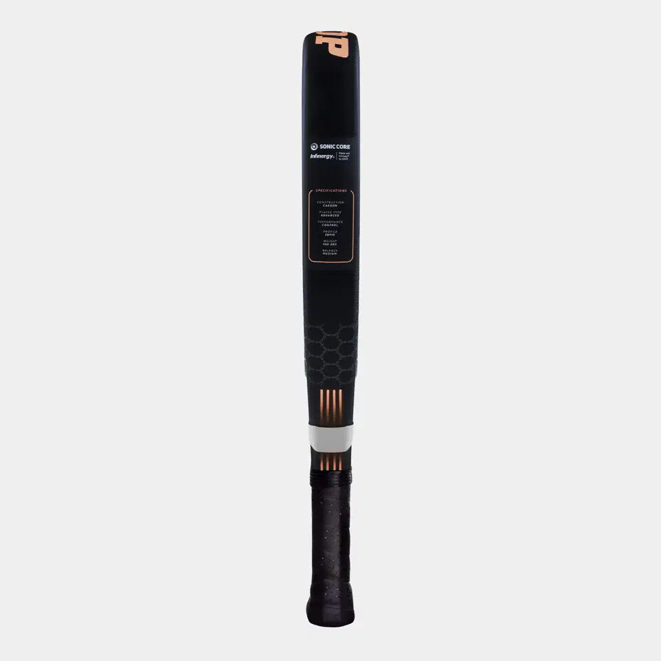 A Dunlop Galactica OS Lite Padel Racket, featuring a black and gold design, stands vertically against a plain light grey background. The racket displays extra grip on the handle and a honeycomb pattern near the base.