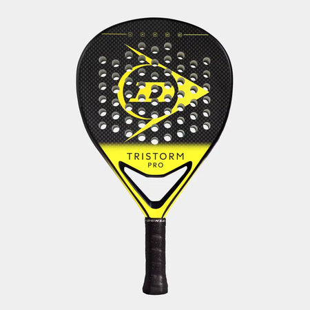 The Dunlop Tristorm Pro Padel Racket by Dunlop features a black and yellow graphite build, perforated head, Dunlop logo and text on the face, and a wrapped handle, shown against a plain white background.
