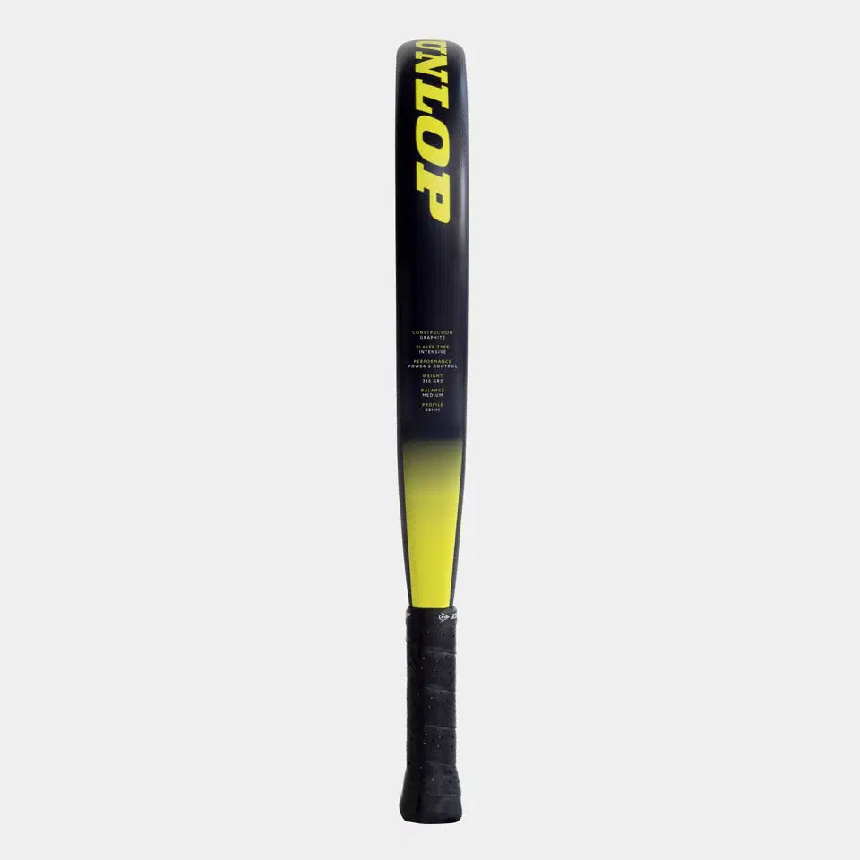 A Dunlop Tristorm Pro Padel Racket with a black and yellow design and bold yellow DUNLOP branding, featuring graphite construction, stands upright against a plain light gray background.