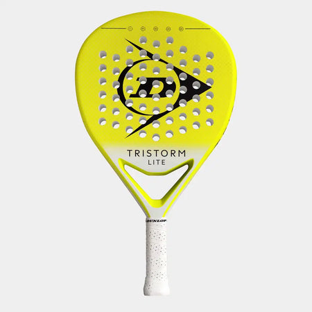 A yellow Dunlop Tristorm Lite Padel Racket with a black logo, graphite build, perforated face, and a white grip is shown against a light gray background.