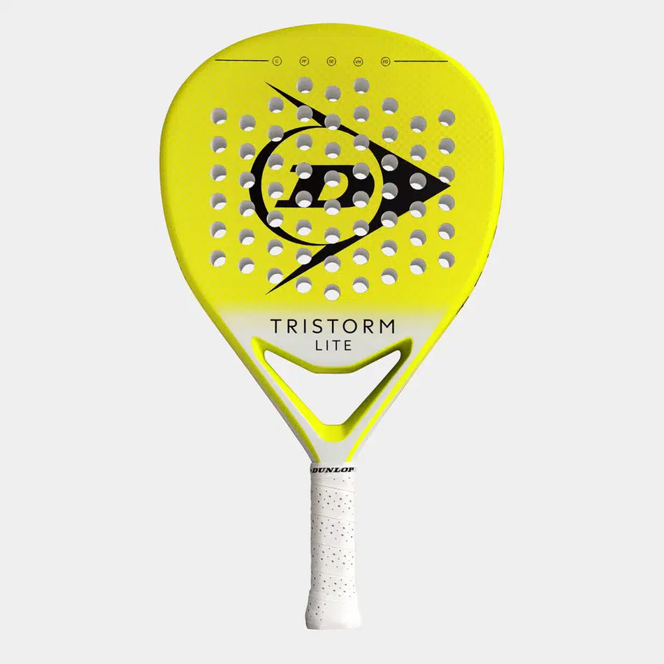 A yellow Dunlop Tristorm Lite Padel Racket with a black logo, graphite build, perforated face, and a white grip is shown against a light gray background.