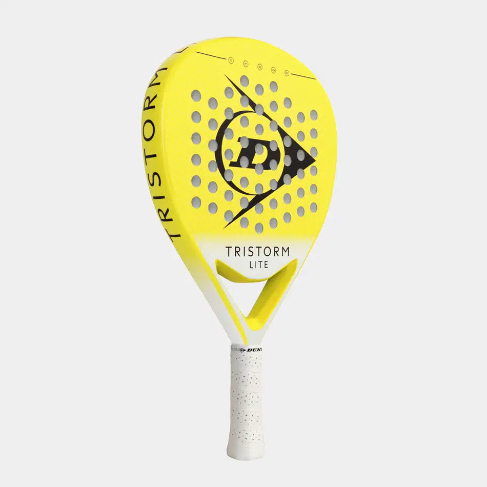 The Dunlop Tristorm Lite Padel Racket features a yellow and black design with a white grip, bold triangular logo, graphite construction, circular holes, and is labeled TRISTORM LITE.