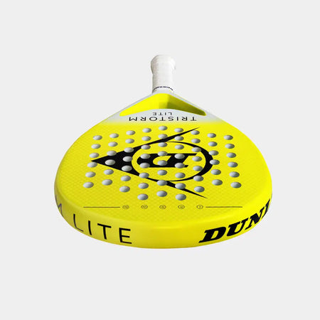 The Dunlop Tristorm Lite Padel Racket by Dunlop is yellow with a white handle, made of graphite, featuring a circular black pattern and multiple holes on the face, shown against a white background.