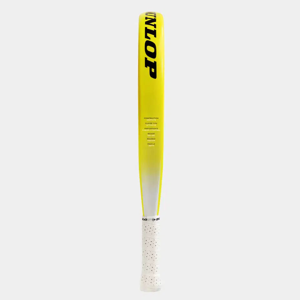 The Dunlop Tristorm Lite Padel Racket, in yellow and white with a perforated white grip and bold DUNLOP lettering near the top, features durable graphite construction and is shown vertically against a plain background.